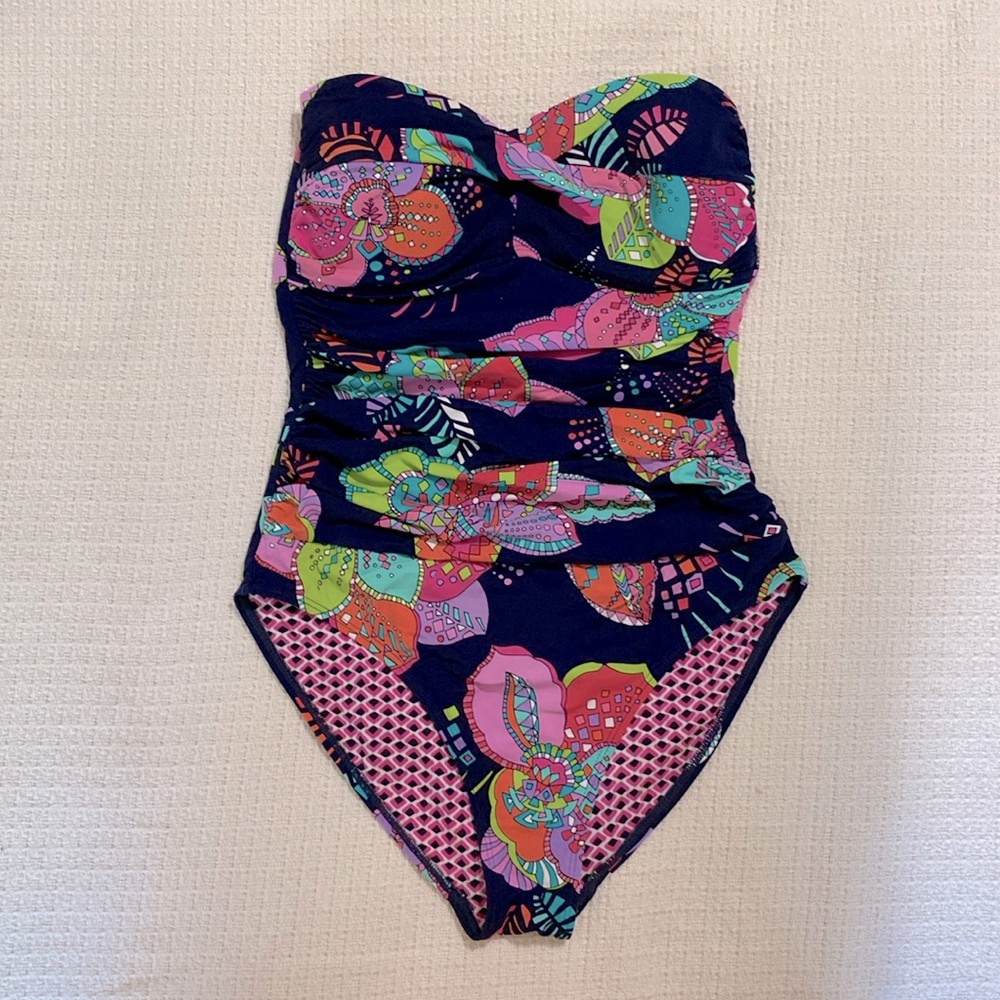 Anne Cole Blue and Pink One Piece Swimsuit with Ruching Size 6